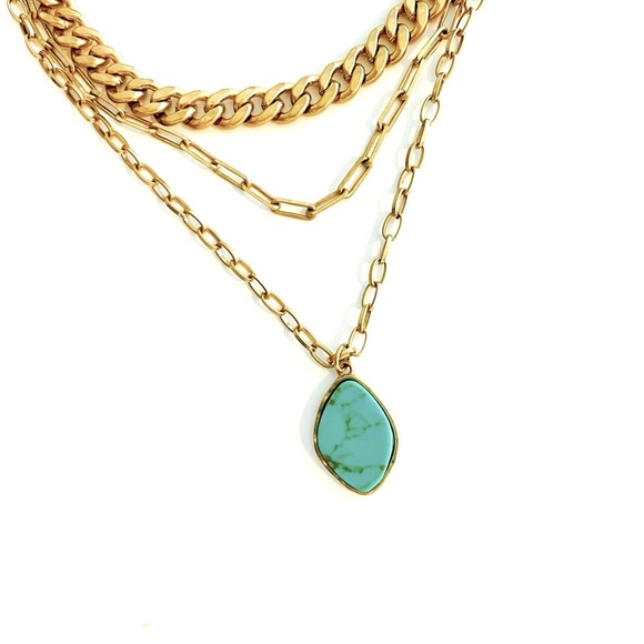 NWT Three Gold Chains holding a Turquoise Pendant Necklace 13” 14” 16” Lengths - Picture 2 of 6